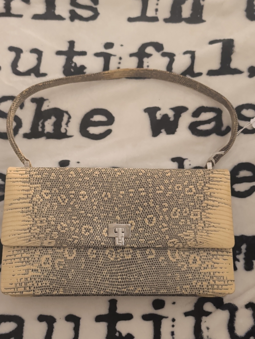 Textured Beige Snake-Effect Shoulder Bag with Turn-Lock Closure